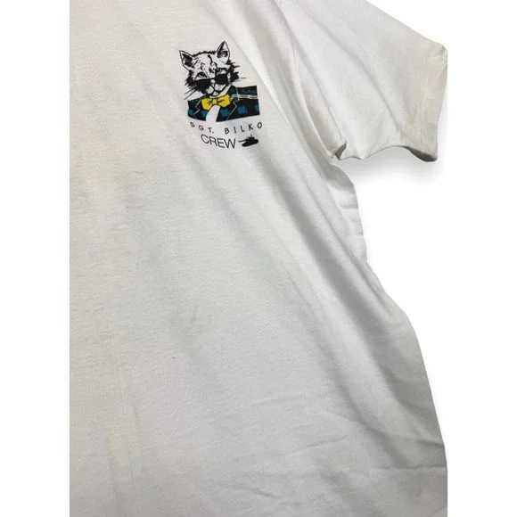 Vintage 1990 Tomkats Catering T Shirt L White Sgt Bilko Film Crew Promo Cat - Picture 7 of 14